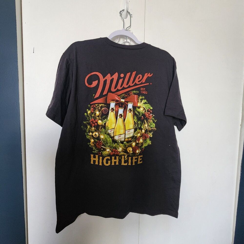 Miller High Life Men Santa Graphic Print Crew Neck Cotton tee XL Beer Christmas